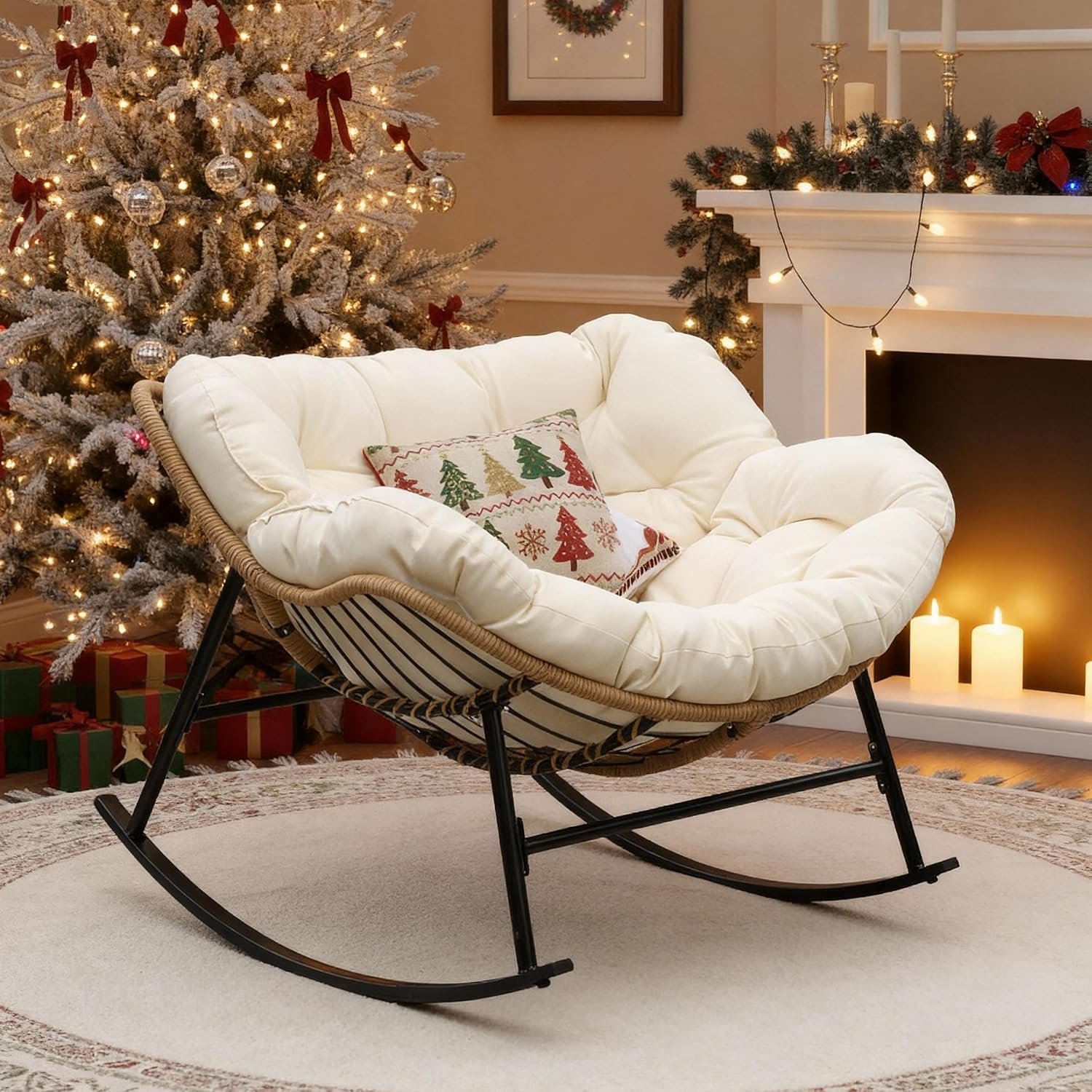 Oversized Rocking Egg Chair Indoor Outdoor, Wicker Royal Papasan Rocking Chair with Beige Thick Cushion, 450 Lbs Heavy Duty Comfy Recliner Lounge Rocker for Balcony, Porch, Backyard, Lawn