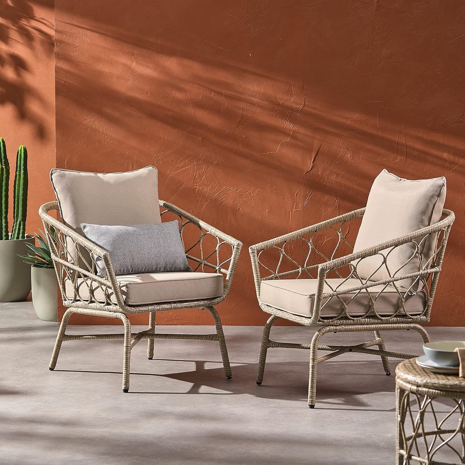 Boho Outdoor Club Chair Set of 2, PE Rattan Patio Chairs with Water-Resistant Cushions