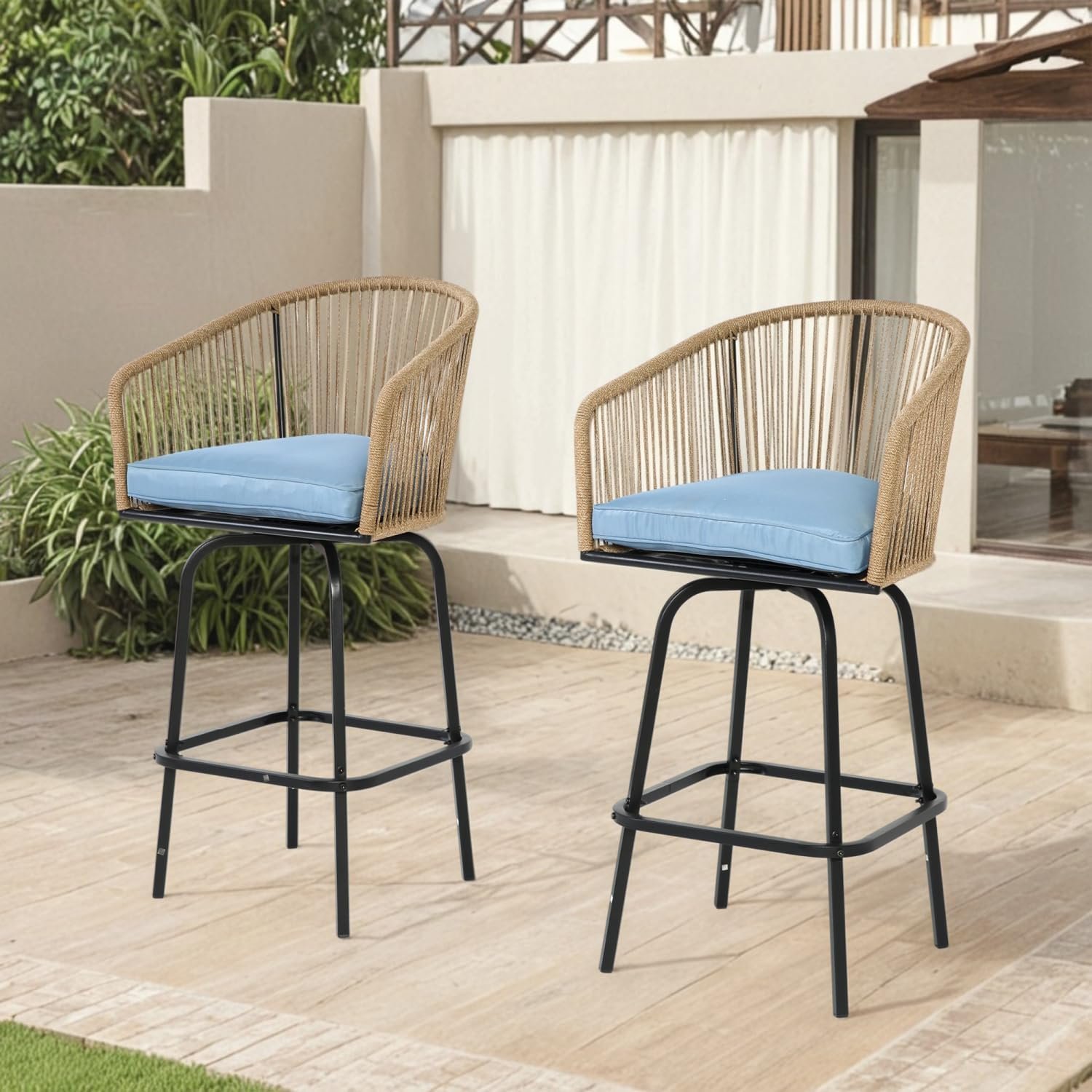 Outdoor Stools Set of 2, 2-Piece Patio Stools with Armrests-Blue