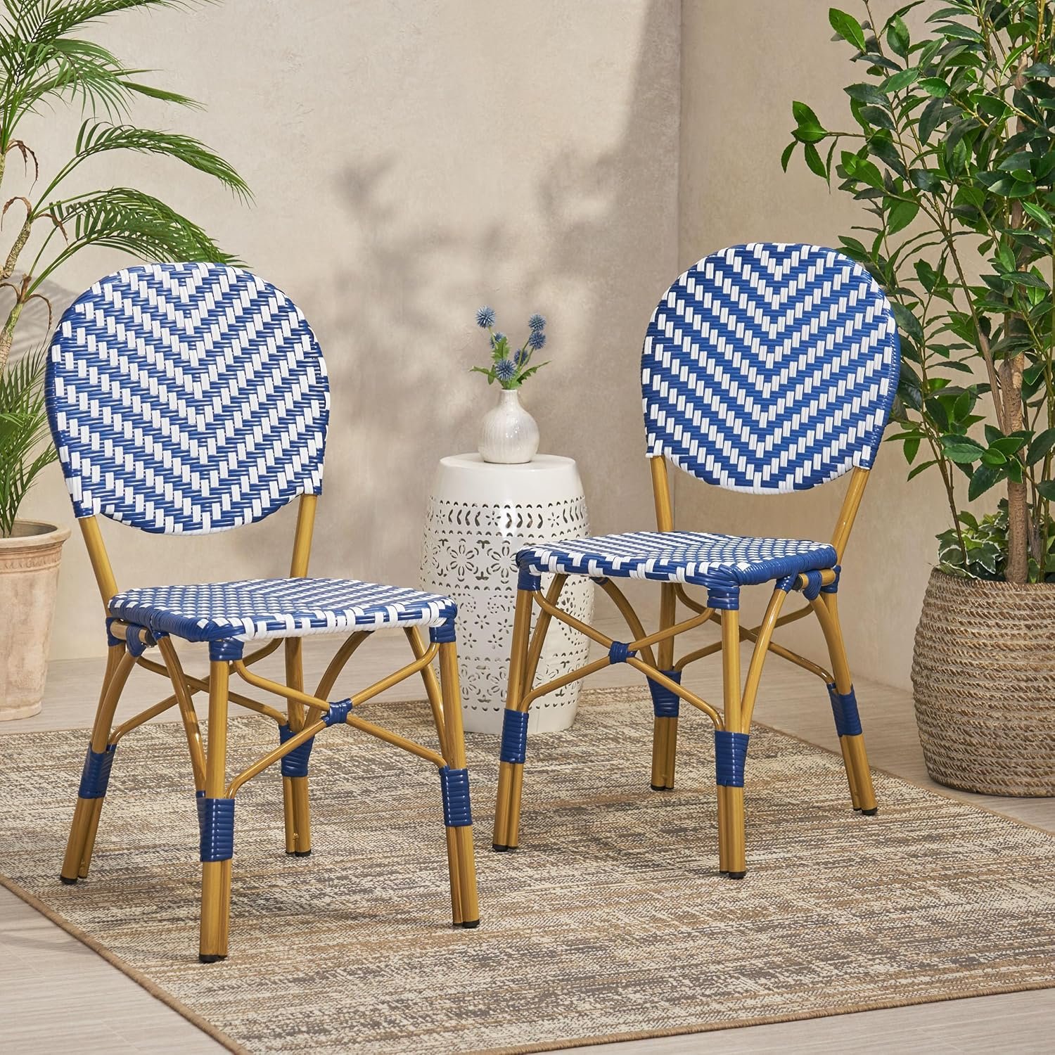 Rattan Bistro Chairs, Set of 2, French Style Patio Furniture, Outdoor Dining Chairs, Aluminum Frame, PE Wicker, Blue & White