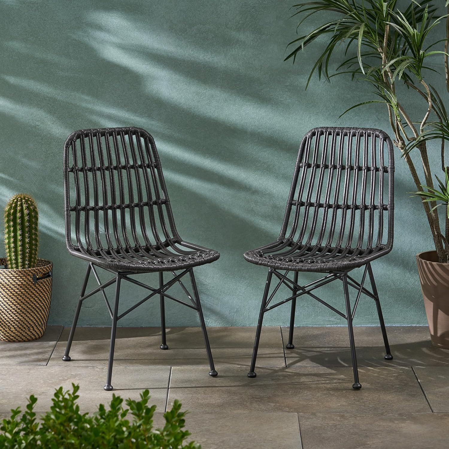Modern Rattan Dining Chairs, Set of 2, Grey Outdoor Patio Furniture, Striped Woven Seating for Garden, Backyard, Deck, Balcony
