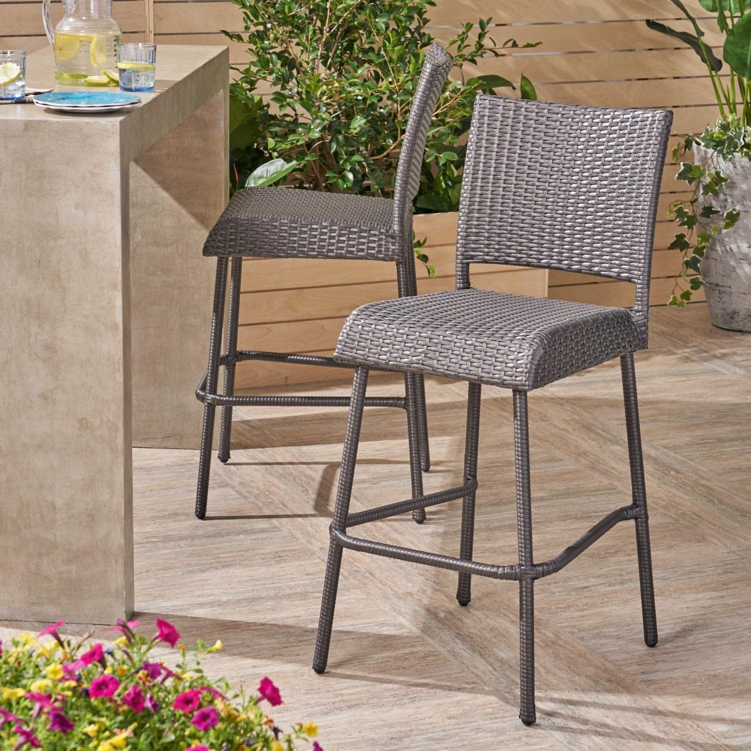 29" Outdoors PE Rattan Armless Barstools, Set of 2, Grey - PE Rattan+Iron - Comfortable Wicker Seats - Patio Outdoor Events - Outdoor Ready