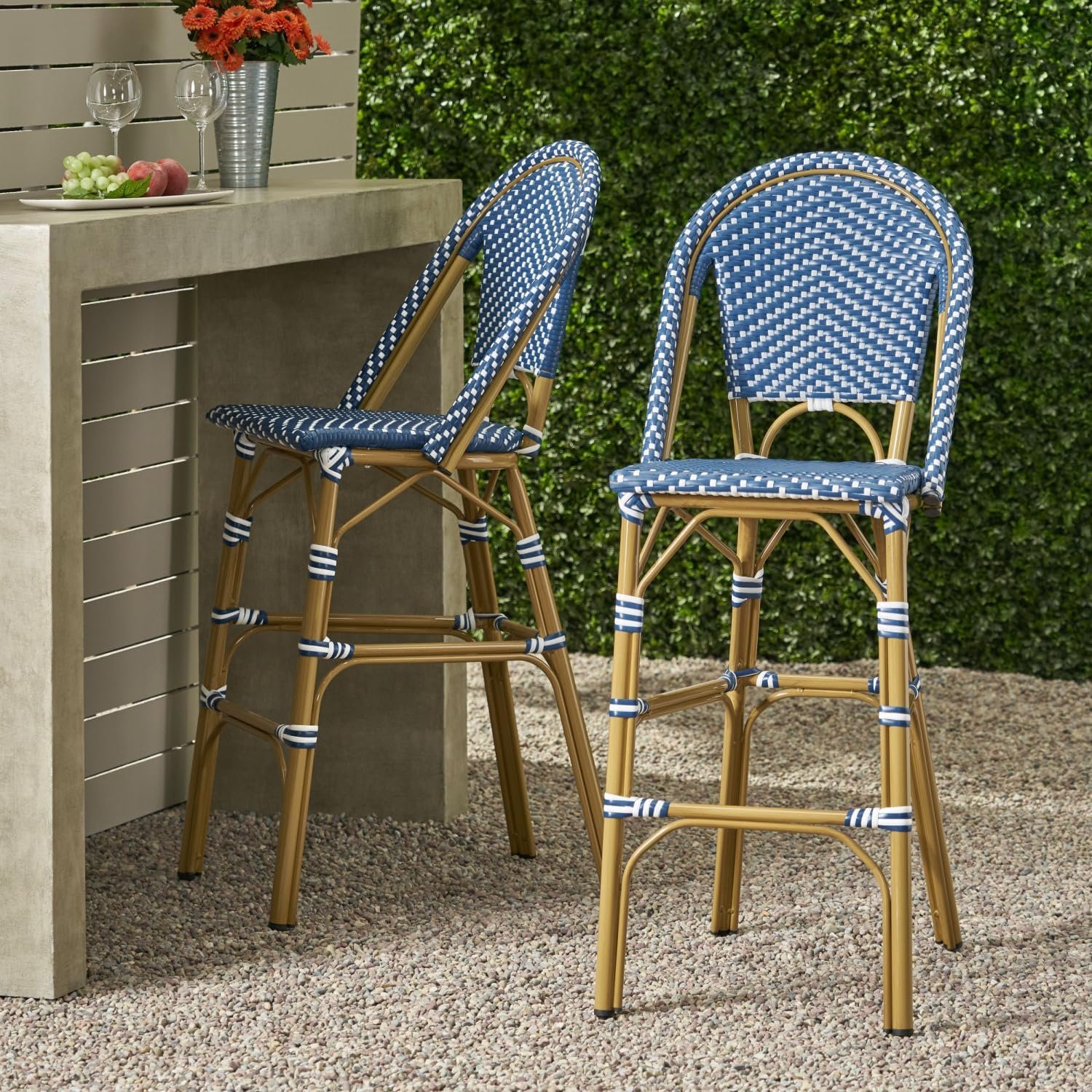 29.5" Outdoor Pe Rattan French Barstools, Dark Teal & White, Set of 2