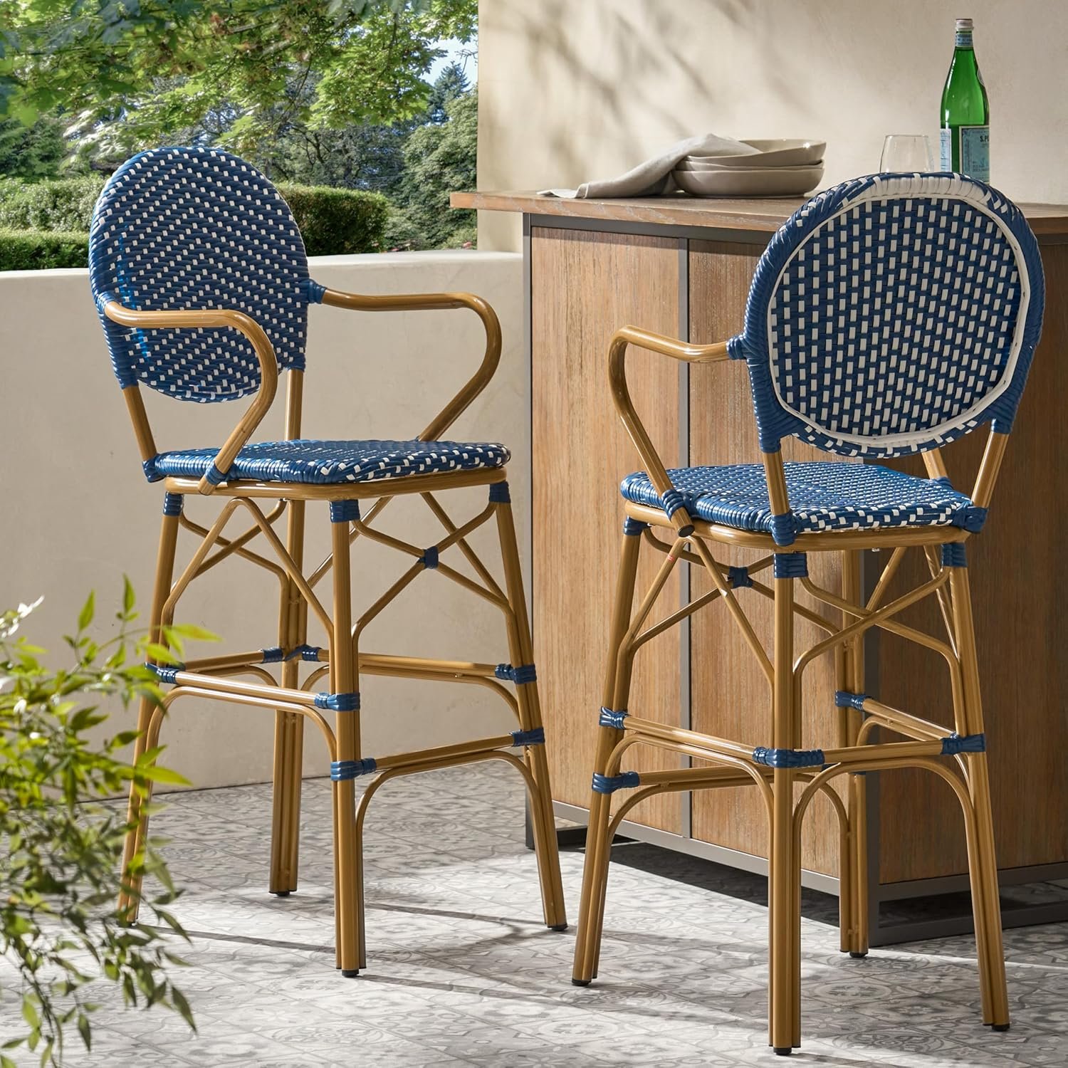 Navy Blue Outdoor Wicker Bar Stools, Set of 2, Bamboo Print Finish, Patio & Kitchen Counter Height