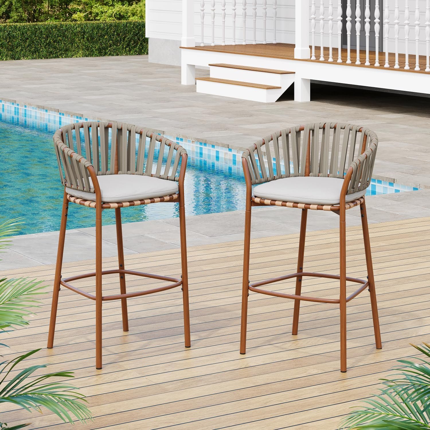 Lodi Outdoor Metal Rope Barstools, Teak Finished Frame and Beige Cushion, Set of 2