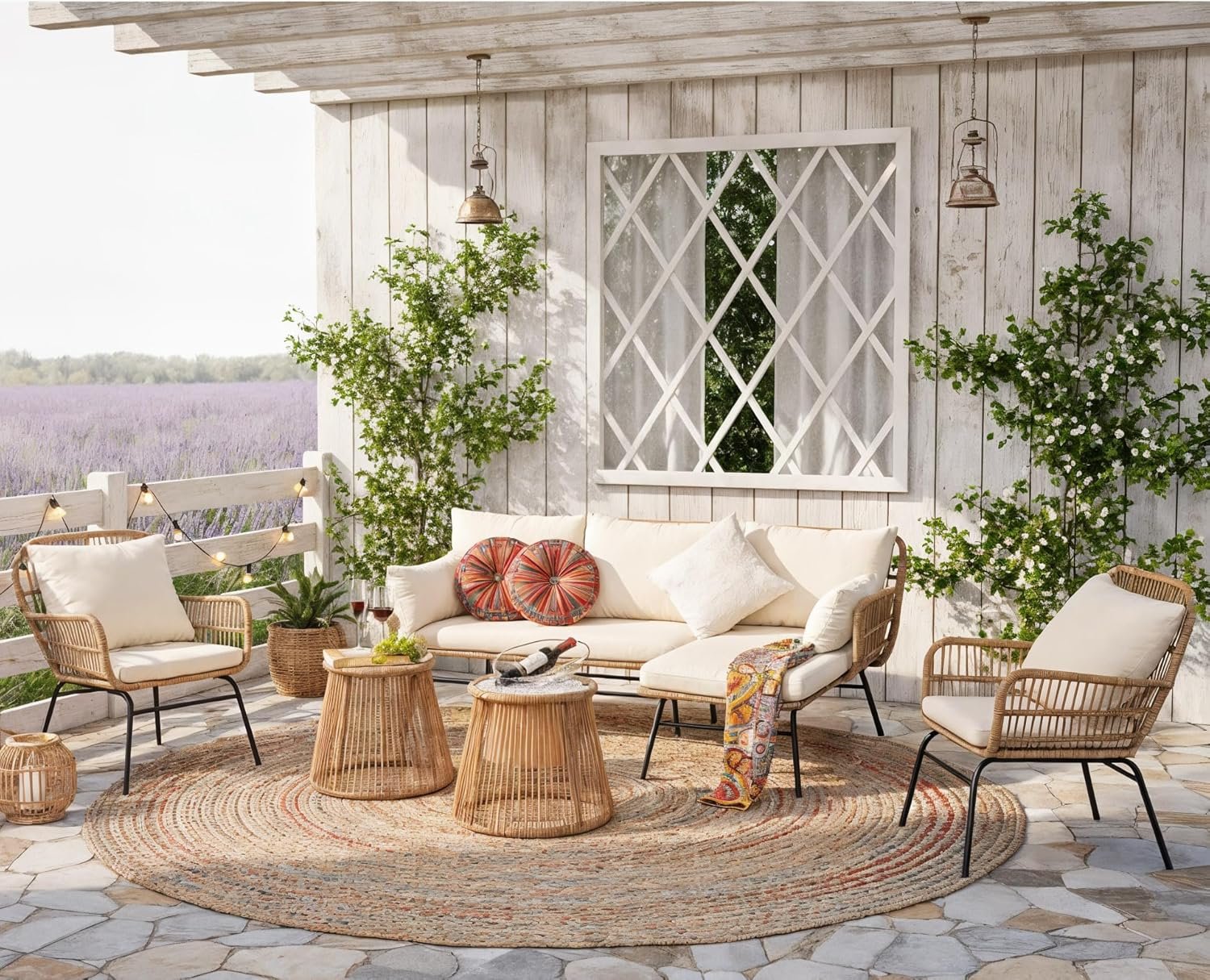 6 Pcs Boho Outdoor Patio Furniture Sets, L Shaped Natural Color Wicker Conversation Sectional Sofa w/Cozy Beige Cushion & Ice Bucket, Outdoor Chairs w/Coffee Table for Backyard Porch Deck