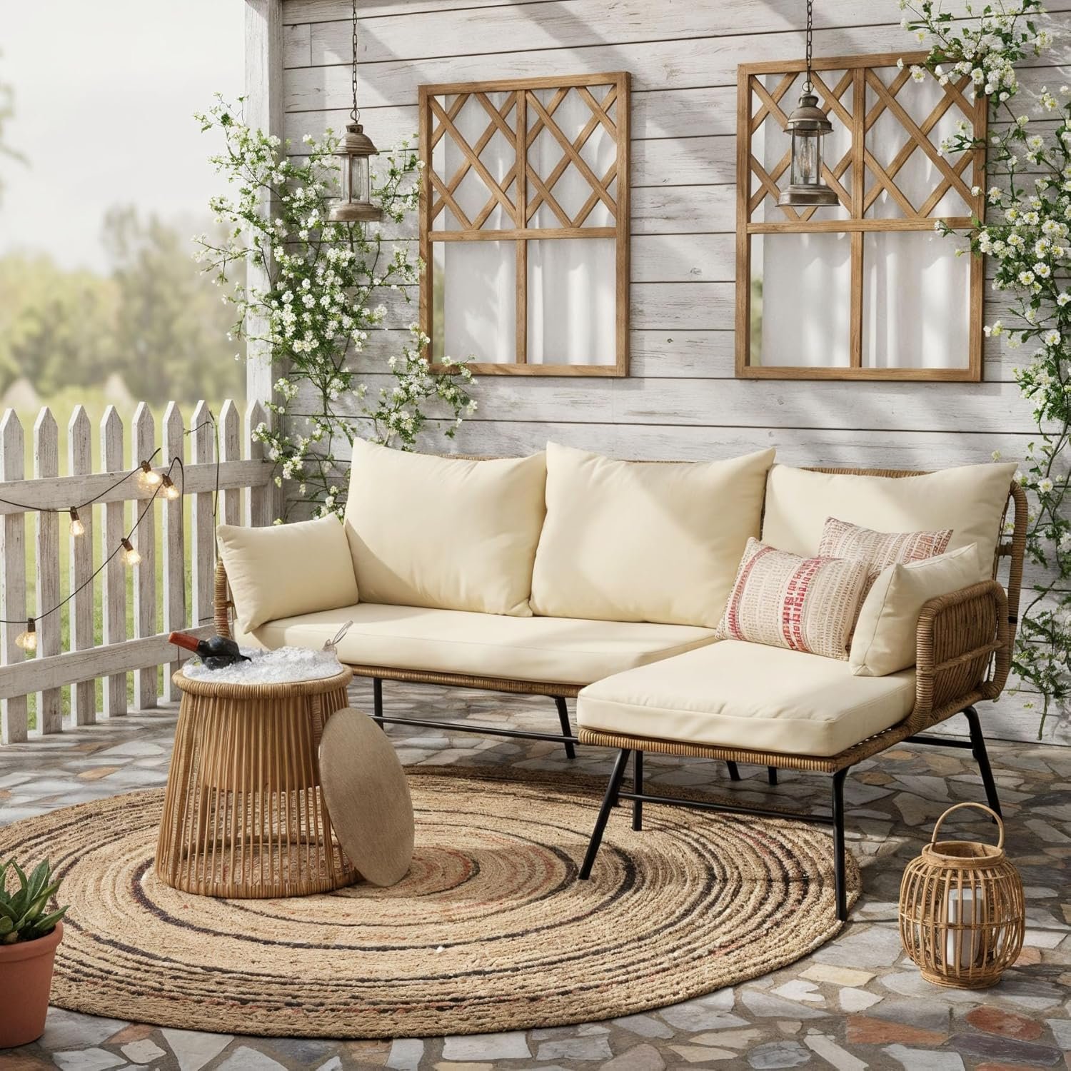 3 Pcs Boho Outdoor Patio Furniture Sets, L Shaped Natural Color Wicker Conversation Sectional Sofa w/Cozy Beige Cushion & Ice Bucket for Backyard, Porch, Deck, Garden, Balcony