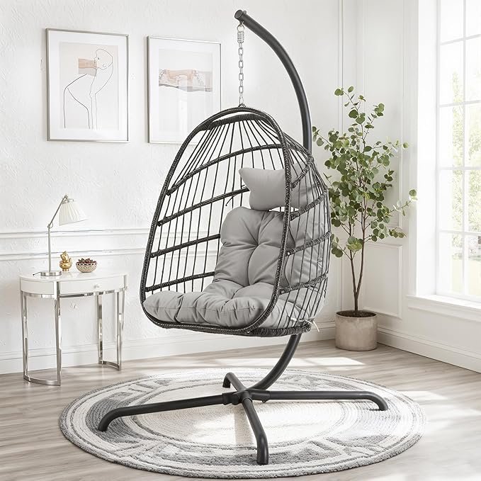 Wicker Hanging Egg Chair Outdoor with Stand and Cover, 350 Lbs All-Weather Rattan Swing Chair with Cushion, Outdoor Foldable Basket Hammock for Porch Patio Garden Balcony, Light Grey