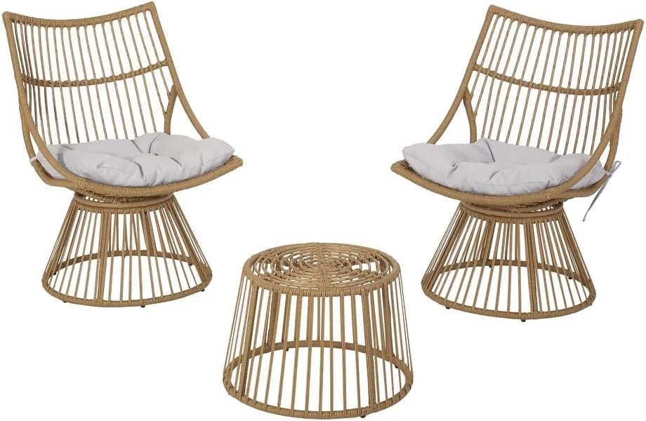 Wicker Patio Chair and Side Table Set - Retro High Back Chairs with Water-Resistant Cushions - Rattan Conversation Set for Outdoor Living Space