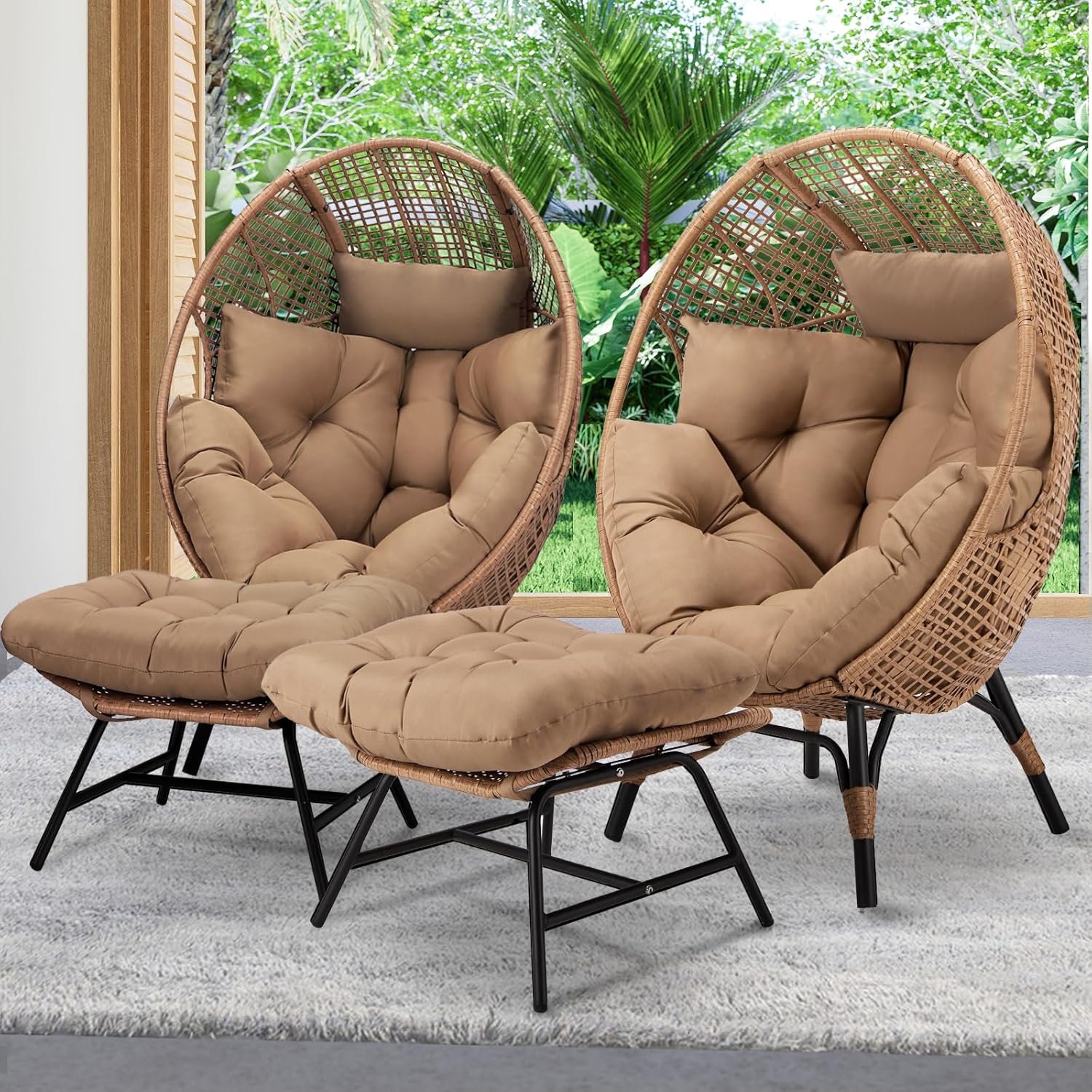 Oversized Indoor Outdoor Egg Chair with Ottoman, Brown Wicker Patio Deep Egg Seat with Brown Thick Cushion & Foot Rest, Large Stationary Lounge Chair for Balcony Bedroom, 4 Pcs