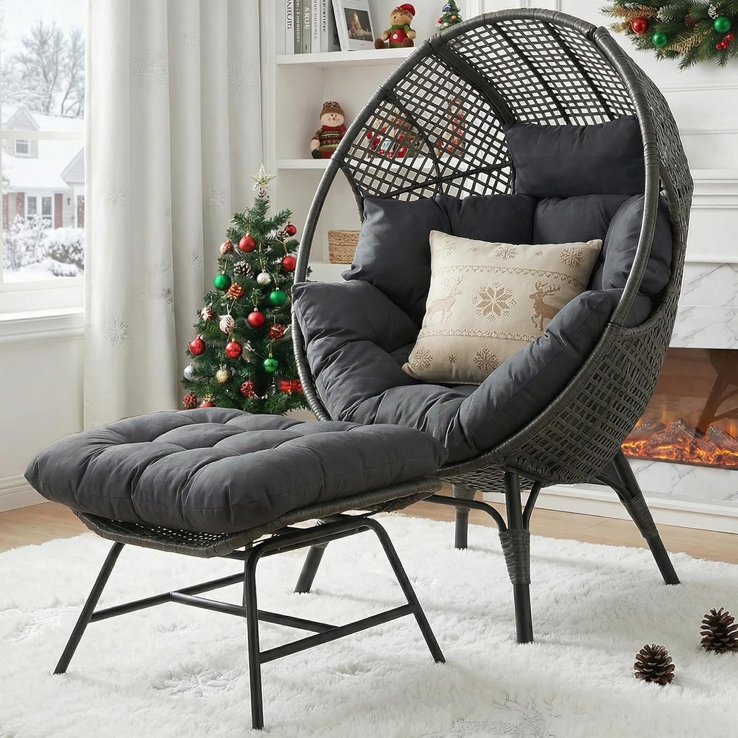 Oversized Indoor Outdoor Egg Chair with Ottoman, Grey Wicker Patio Deep Egg Seat with Dark Grey Thick Cushion & Foot Rest, Large Stationary Lounge Chair for Balcony Bedroom, 2 Pcs