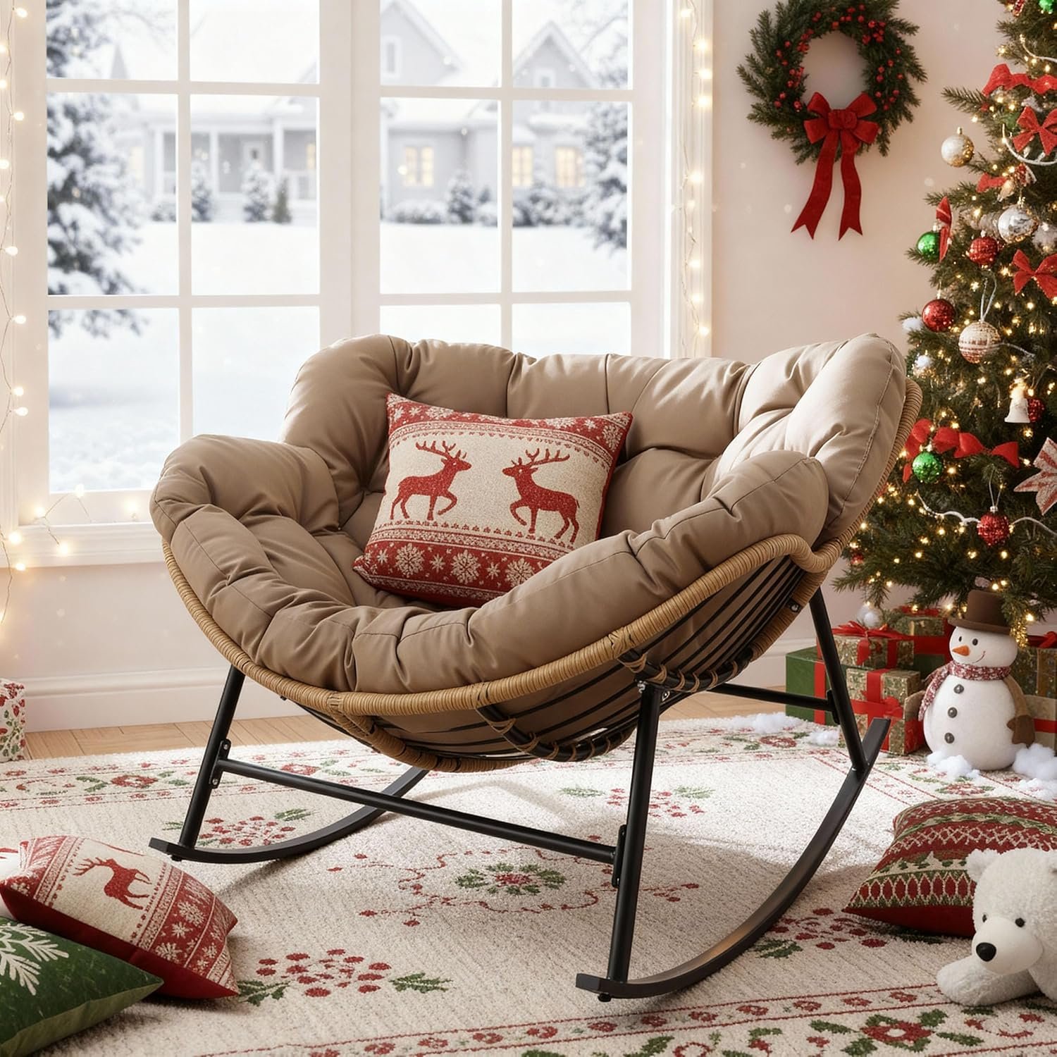 Outdoor Papasan Rocking Chair with Cushion and Frame, Oversized Large Patio Lounge Chairs, Rattan Comfy Egg Recliner Chair, 450 Lbs Capacity Glider Rocker for Outside Bedroom Garden Brown