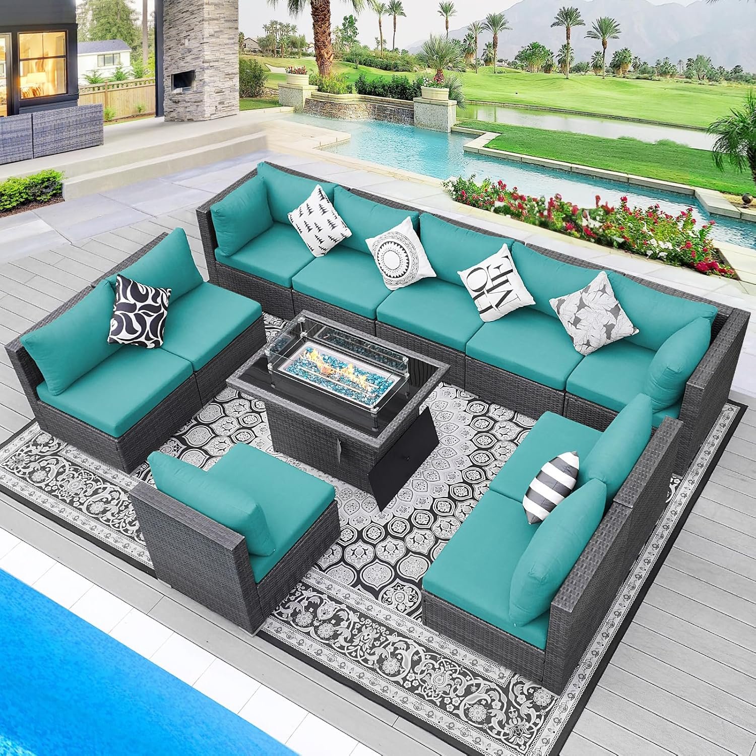 11 Piece High Back Patio Furniture Set with Fire Pit Table, Large Comfy Deep Wide Seat Outdoor Sectional Sofa, All-Weather Wicker Modular Conversation Couch 10-Seats for Outside, Grey & Teal