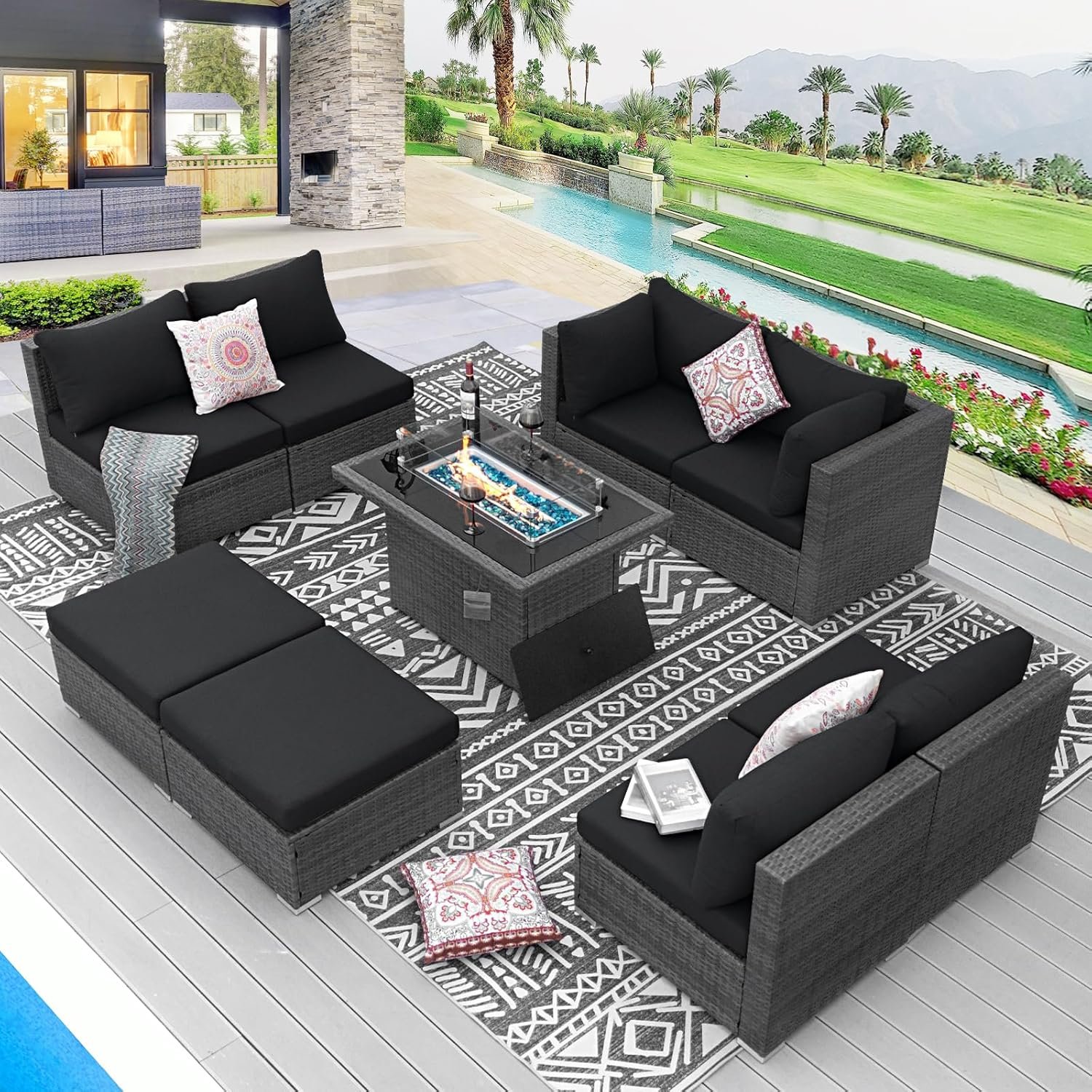 9 Pcs Highback Patio Furniture Set with Firepit, High-End Outdoor Sectional Couch with Ottoman 8-Seats, Cozy Comfy Wide Deep Deck Seating Group Conversation, Grey Rattan & Black Cushion