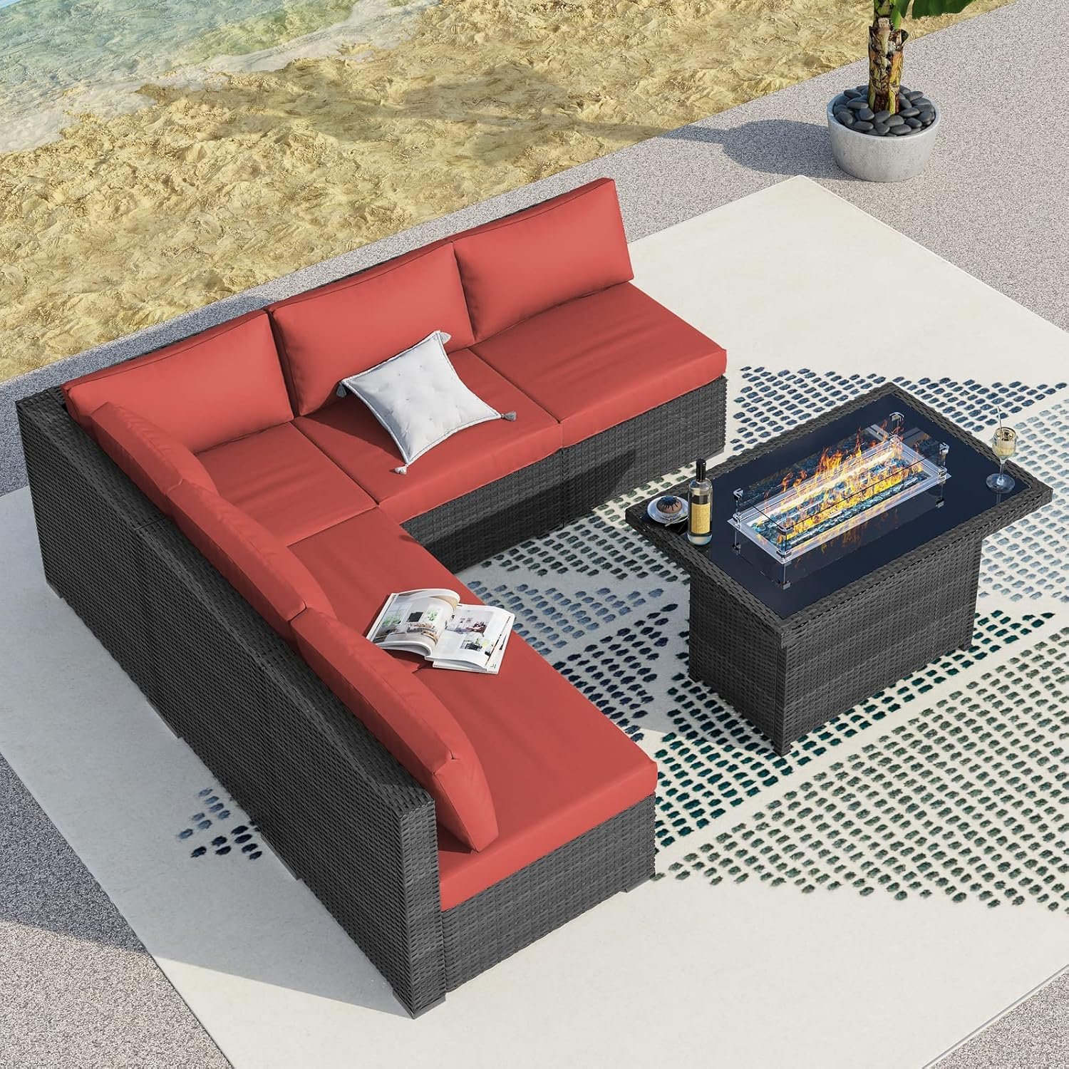 6 Pcs High Back Outdoor Patio Furniture Set with Fire Pit, Modern L-Shaped Deep Wide Backyard Sectional Seating, Heavy Duty All-Weather Wicker Modular Conversation Couch 5-Seater, Grey & Red