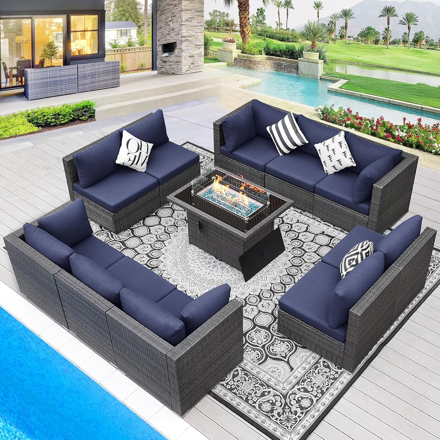 11 Piece High Back Outdoor Patio Set with Firepit, Extra Large Backyard Furniture Sectional Couch 10-Seater Modular, XL Big Wide Deep Outside Seating Area for Exterior, Grey & Navy Blue