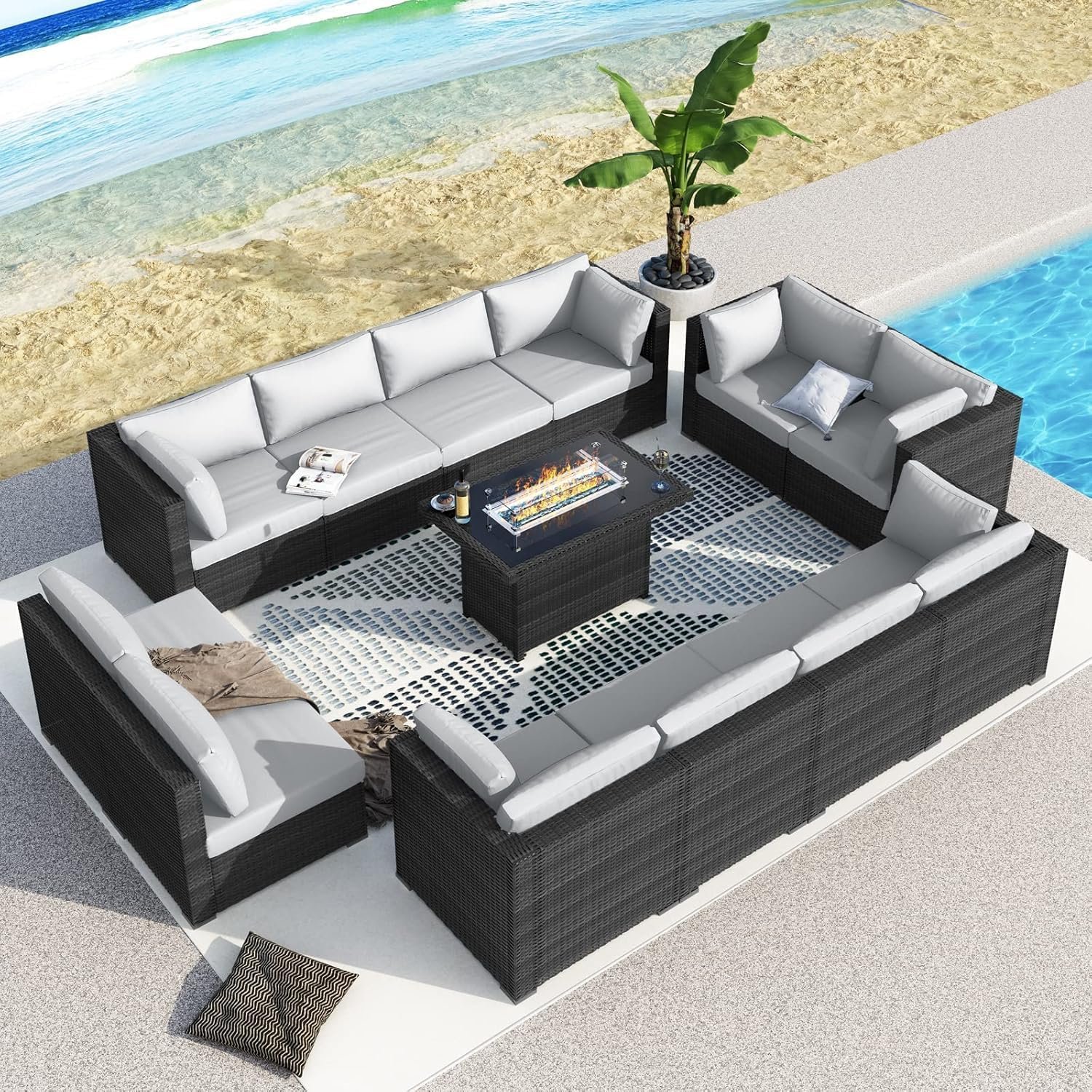 13 Piece High Back Patio Furniture Sets with Firepit, Luxury Outdoor Seating Sectional Couch 12-Person Modular, Comfortable Extra Large Wide Deep Backyard Conversation Sofa Set, Light Grey