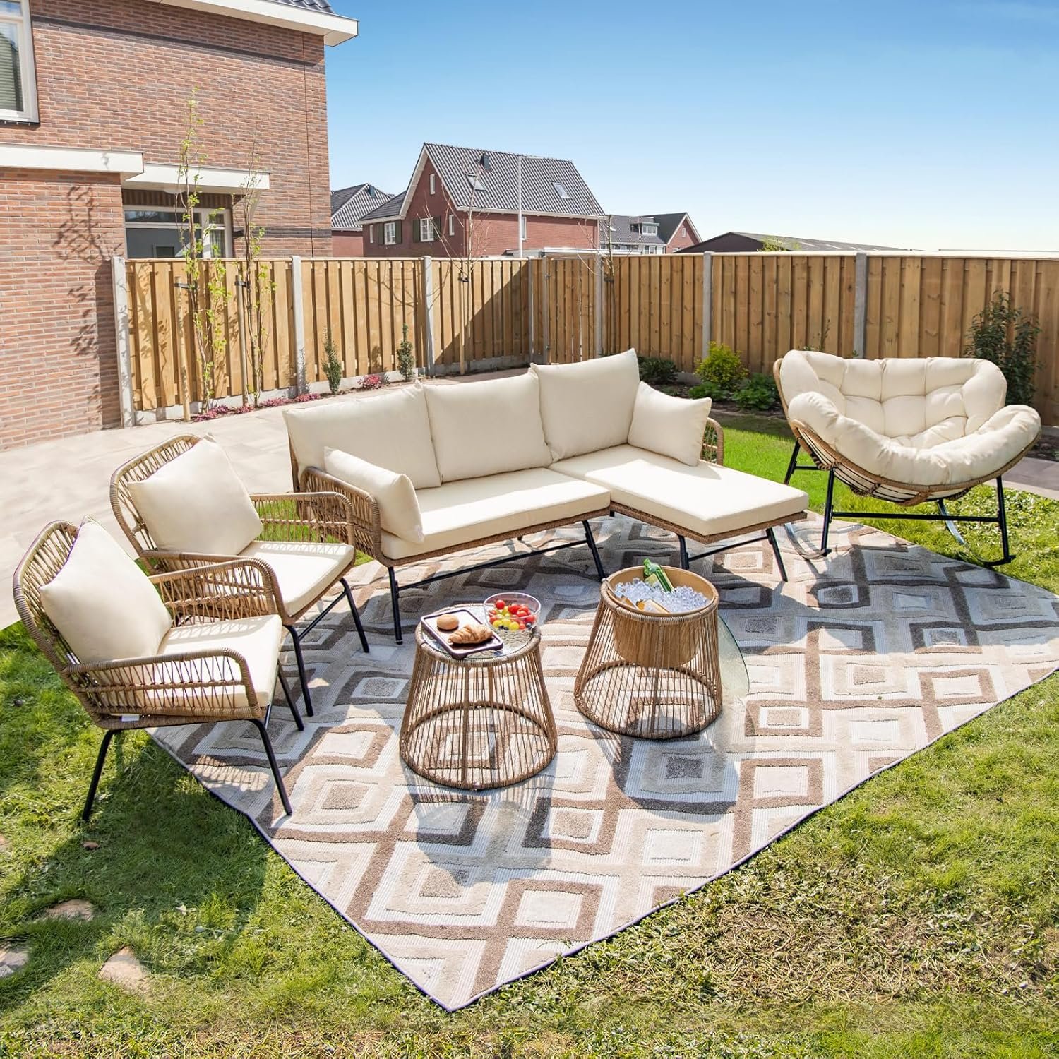 7 Pieces Beige Boho Outdoor Patio Furniture Sets with Rocking Papasan Chair, Small Wicker Conversation Sectional Sofa Set with Side Table & Ice Bucket for Backyard, Porch, Deck