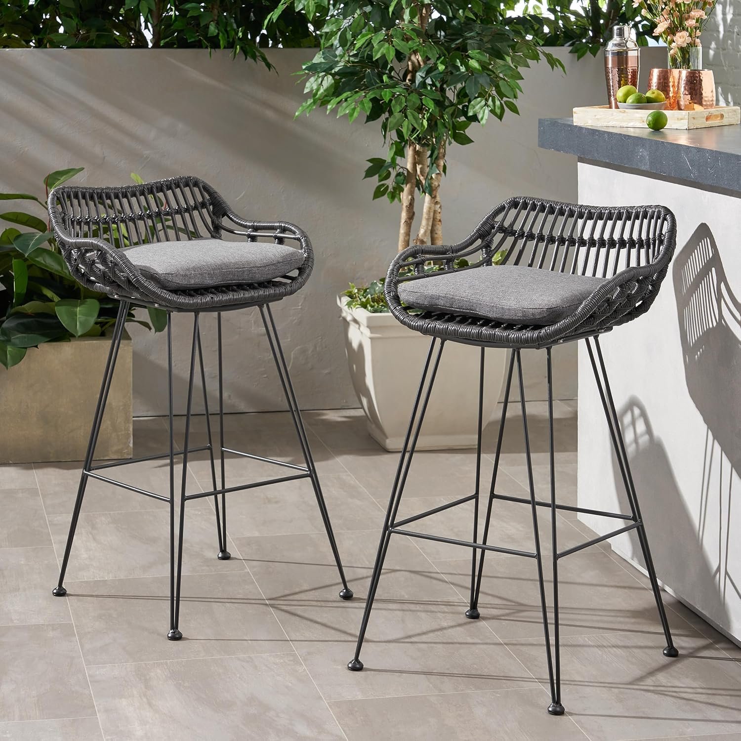 Outdoor Wicker Bar Stools Set of 2, Modern Patio Bar Chairs with Cushions, Gray Rattan Seat, Water-Resistant