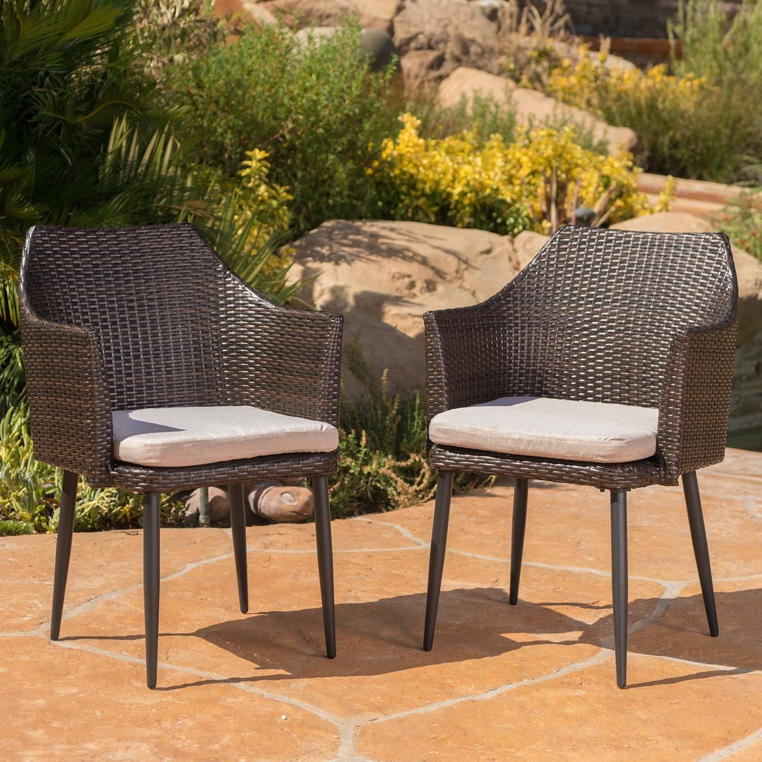 PE Rattan Dining Chairs, Set of 2, Outdoor Patio Furniture, Brown Multi